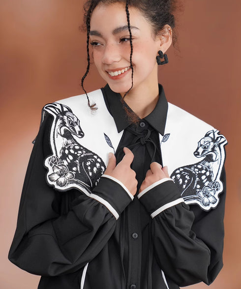 Deer Embroidery Collar Blouse