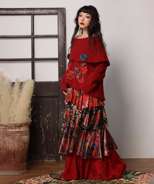 Embroidered Flower Off-Shoulder Knit