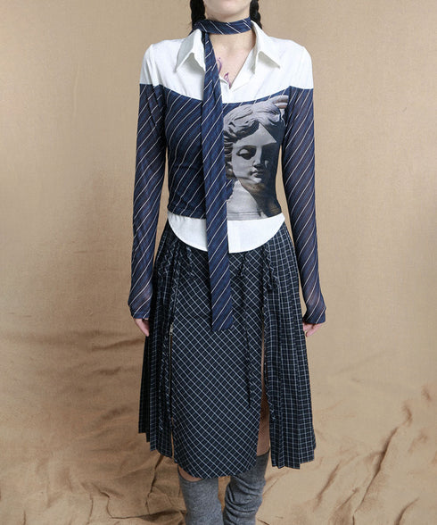 Diagonal Striped Tie Blouse