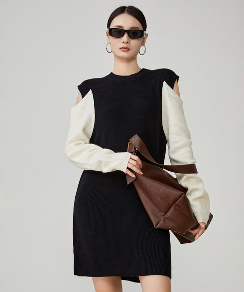 Contrast Color Off-shoulder Knit Dress