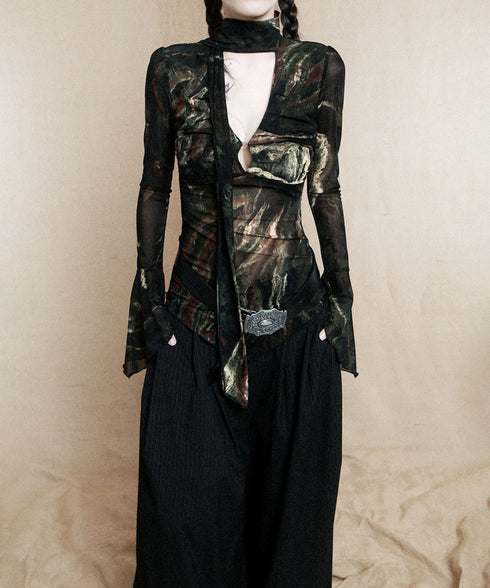 Low-neck Bow See-through Top