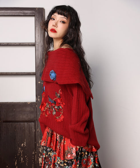 Embroidered Flower Off-Shoulder Knit