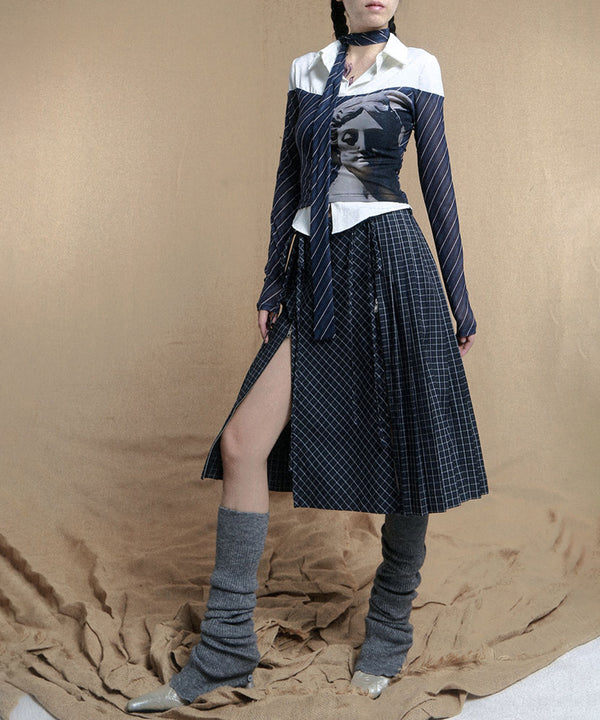 Double Zipper Plaid Pleated Skirt