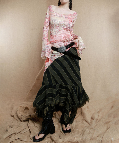 Diagonal Striped Denim Skirt