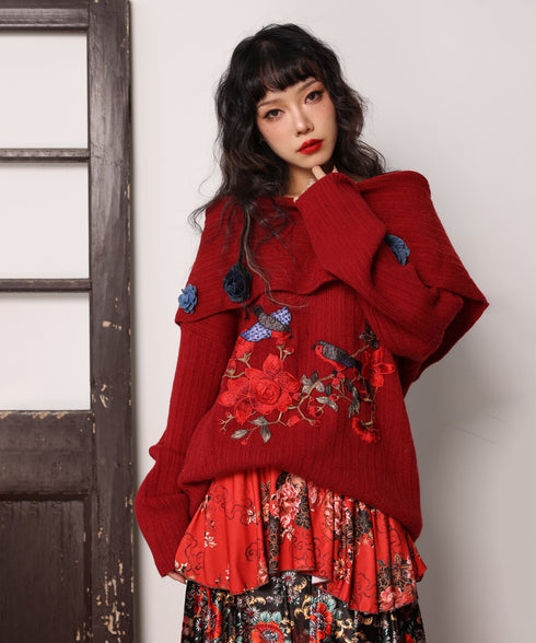 Embroidered Flower Off-Shoulder Knit