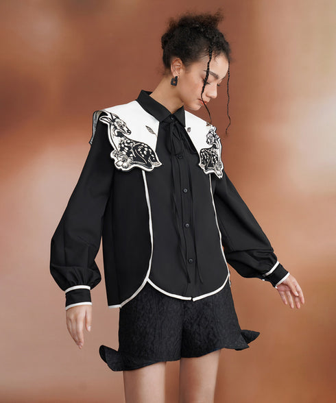 Deer Embroidery Collar Blouse