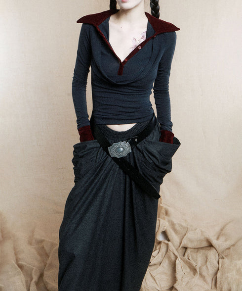 Faux Layered Open Collar Top