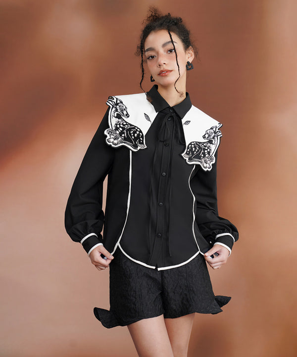 Deer Embroidery Collar Blouse