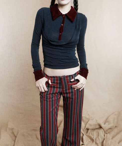 Faux Layered Open Collar Top