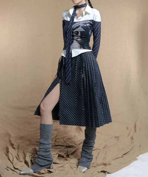 Diagonal Striped Tie Blouse