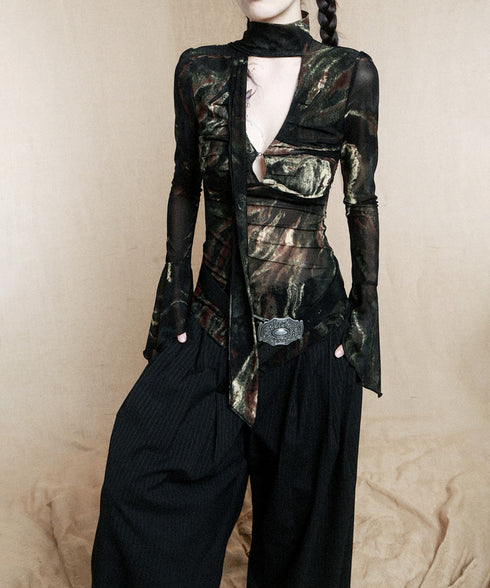 Low-neck Bow See-through Top