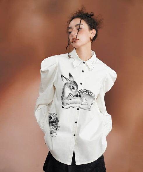 Deer Print Puff Sleeve Blouse