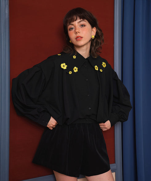 Small Flower Embroidery Collar Blouse