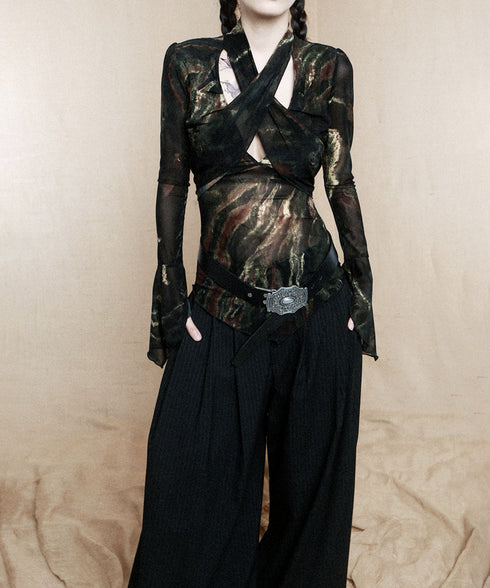 Low-neck Bow See-through Top