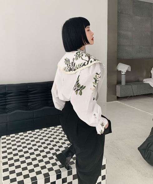 Botanical Print Puritan Collar Blouse
