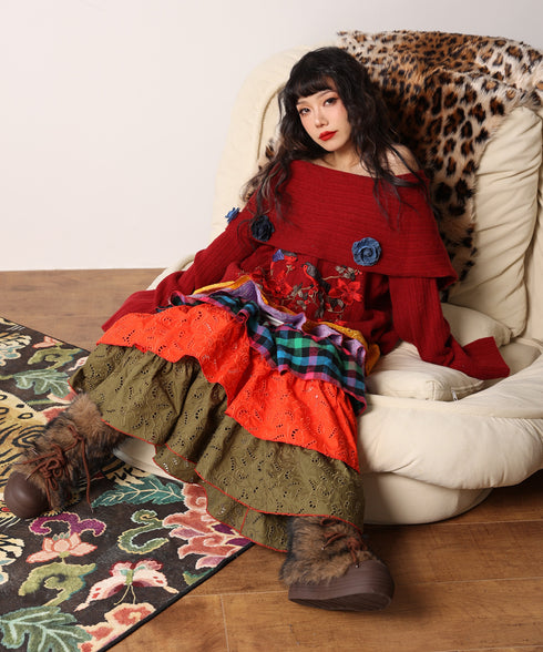 Embroidered Flower Off-Shoulder Knit