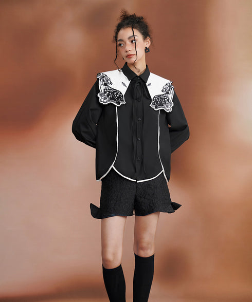 Deer Embroidery Collar Blouse
