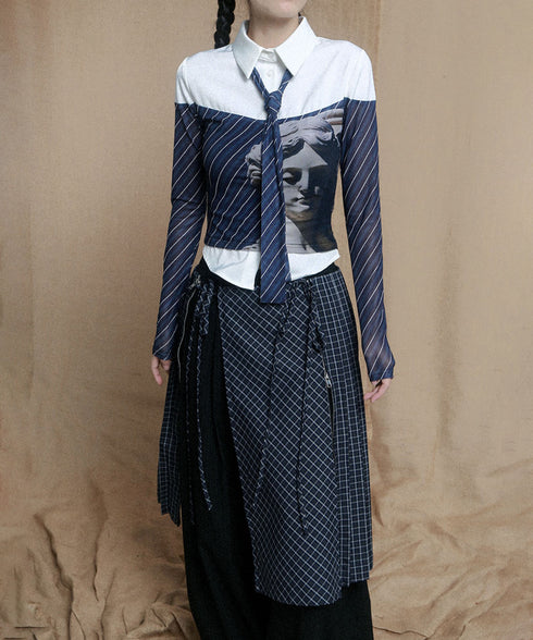 Diagonal Striped Tie Blouse