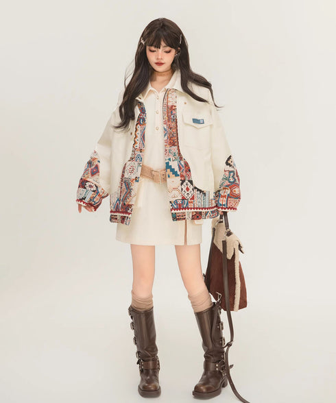 Jacquard Splicing Faux Leather Jacket