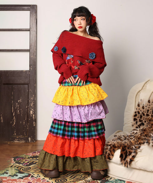 Embroidered Flower Off-Shoulder Knit