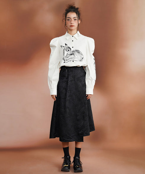 Deer Print Puff Sleeve Blouse