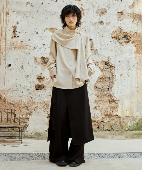 Cross Stand Collar Scarf Blouse