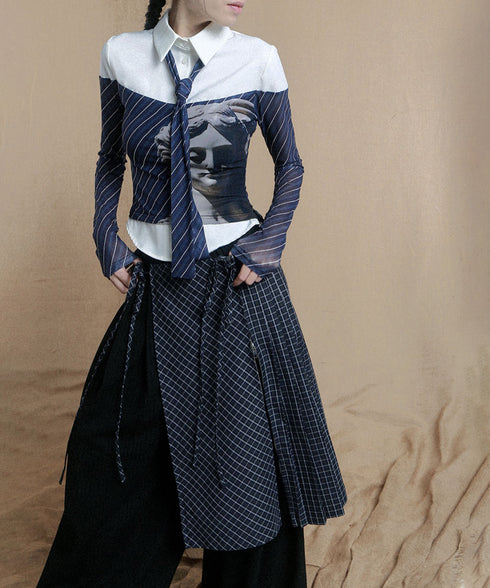 Diagonal Striped Tie Blouse