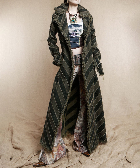Diagonal Striped Denim Long Coat