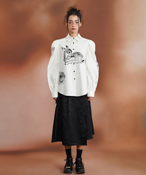 Deer Print Puff Sleeve Blouse