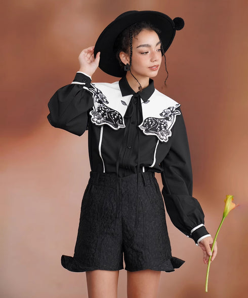 Deer Embroidery Collar Blouse
