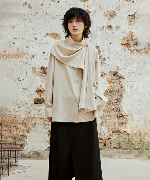 Cross Stand Collar Scarf Blouse