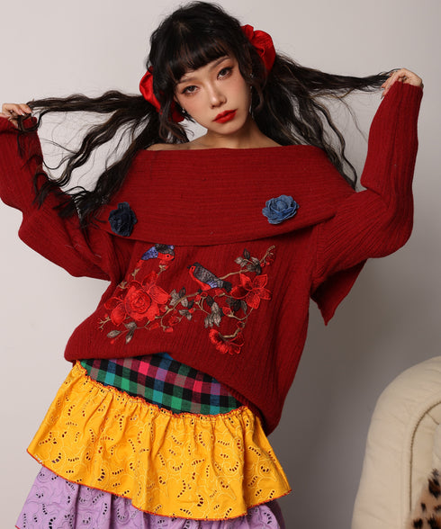 Embroidered Flower Off-Shoulder Knit