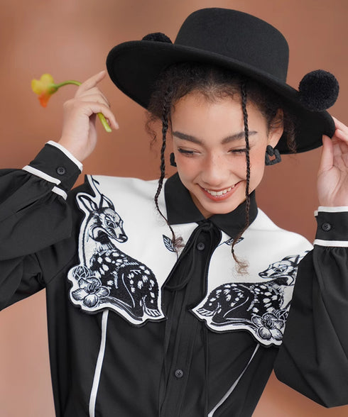 Deer Embroidery Collar Blouse