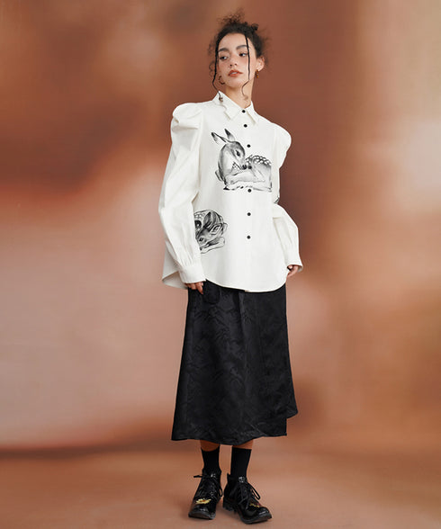 Deer Print Puff Sleeve Blouse