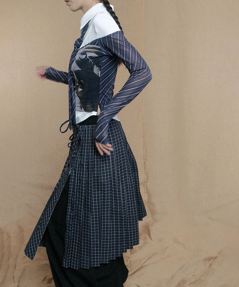 Double Zipper Plaid Pleated Skirt