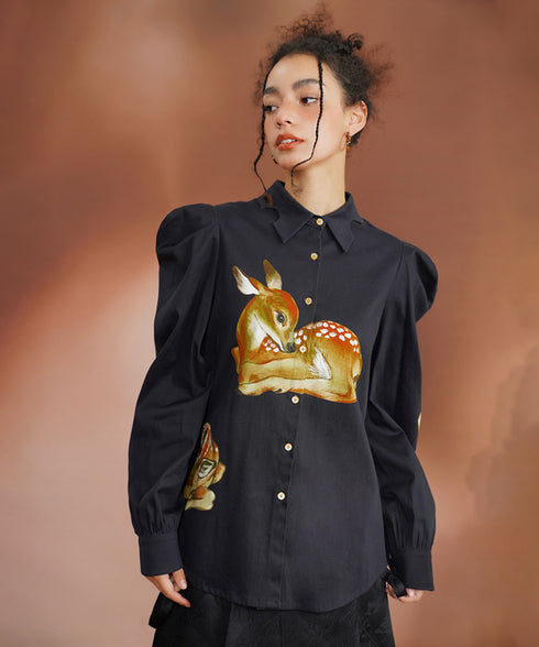 Deer Print Puff Sleeve Blouse
