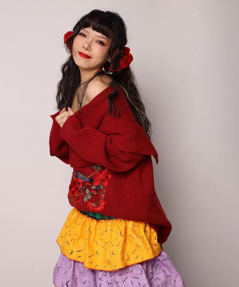 Embroidered Flower Off-Shoulder Knit