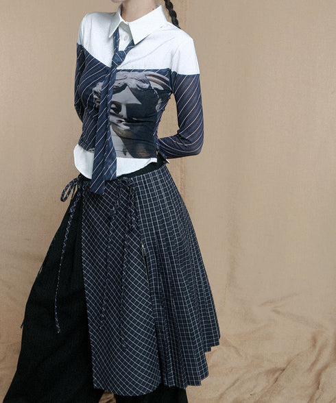 Double Zipper Plaid Pleated Skirt