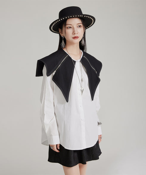 Zipper Big Collar Blouse