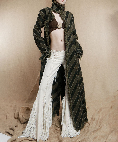 Diagonal Striped Denim Long Coat