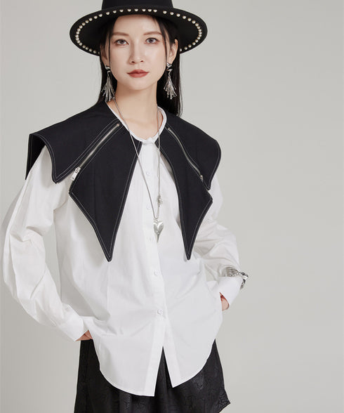 Zipper Big Collar Blouse