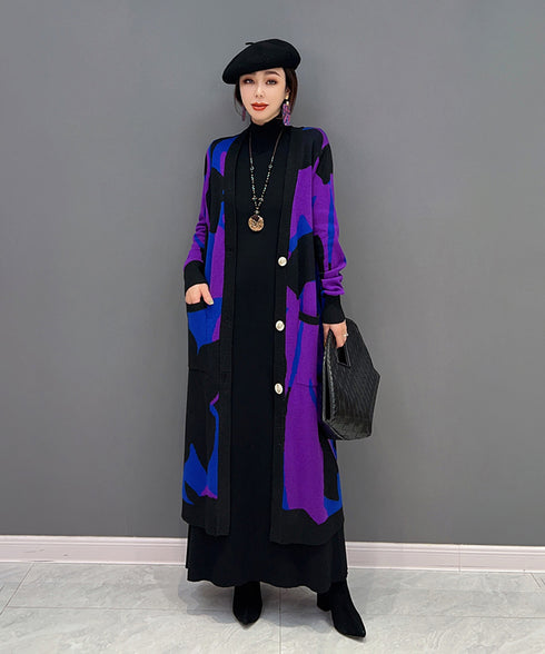 Blocking Collar Long Knit Cardigan