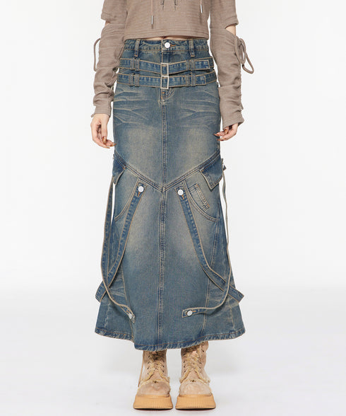 Ribbon Splicing Denim Skirt