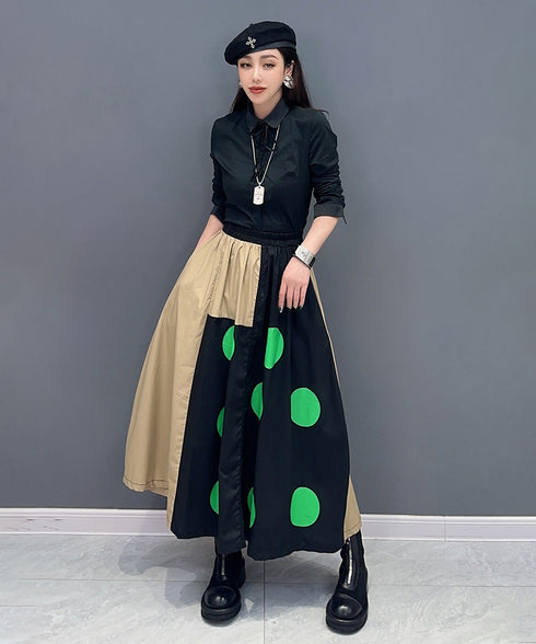 Dot Print Blocking Flare Skirt