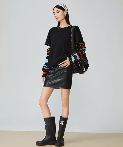 Striped Cut-out Sleeve Sweater