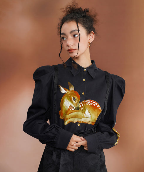 Deer Print Puff Sleeve Blouse