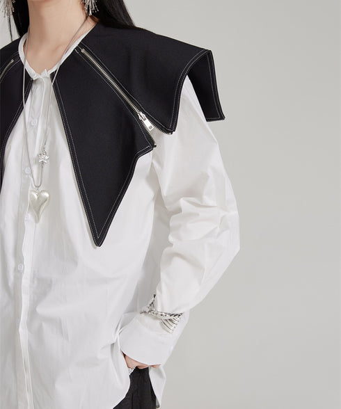 Zipper Big Collar Blouse