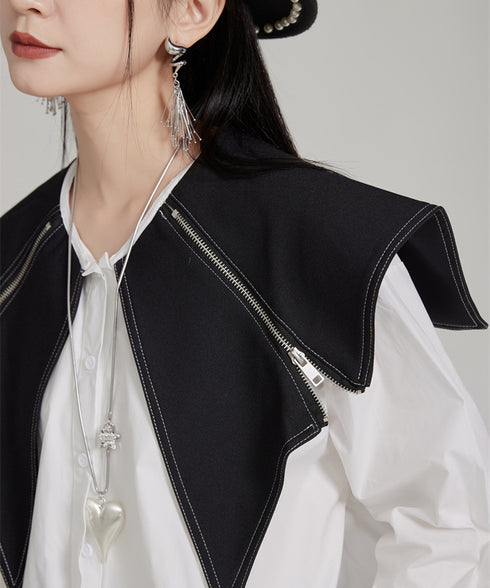 Zipper Big Collar Blouse