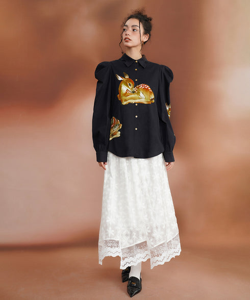 Deer Print Puff Sleeve Blouse