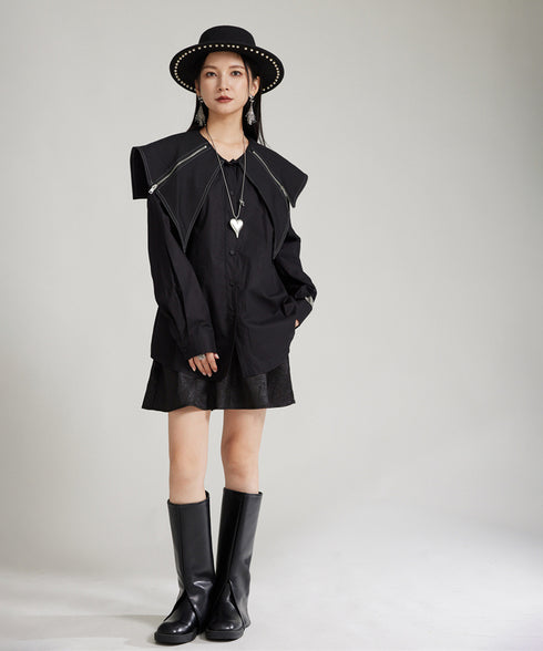 Zipper Big Collar Blouse